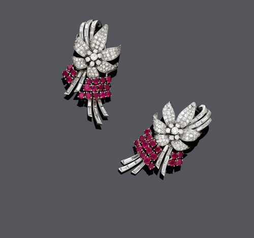 A PAIR OF RUBY AND DIAMOND CLIPBROOCHES, ca. 1950.