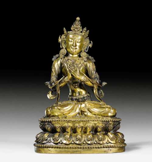 A GILT BRONZE FIGURE OF BODHISATTVA MANJUSHRI. Tibeto-chinese, Yongle mark and of the period, H 26 cm. Unsealed. Lotus flowers lost. *****This item is subject to special bidding conditions, please let us know if you wish to bid on it*****
