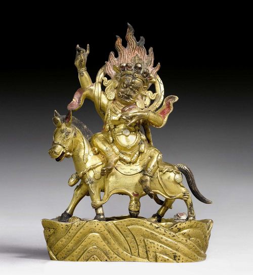 A GILT BRONZE FIGURE OF PALDEN LHAMO. Tibeto-chinese, 19th century,  height 13 cm.