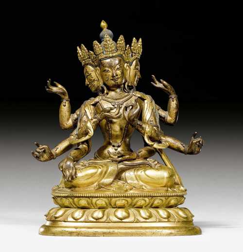 A PARTLY GILT BRONZE FIGURE OF USHNISHAVIJAYA. Tibeto-chinese, 18th c. Height 24.5 cm. Unsealed.