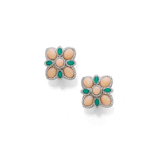 CORAL, EMERALD AND DIAMOND EARRINGS.