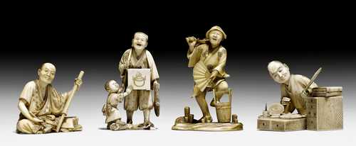 FOUR SMALL OKIMONO: A CRAFTSMAN, A FAN PAINTER, A FORTUNE TELLER AND A PEASANT.