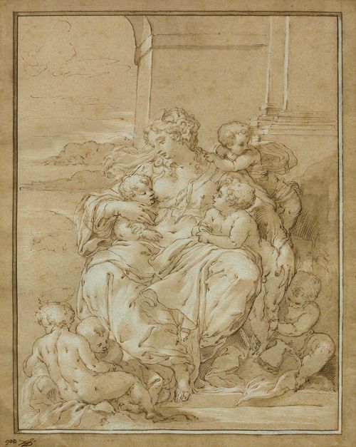Copy after ABBATE, NICCOLO DELL (Modena 1509/12 - circa 1571 in Fontainebleau), Caritas, nurses a boy, surrounded by putti. Pen and brush in brown, heightened in white. Old attribution verso in brown pen: Cristofano Roncalli dalla Pomerancie in Toscano, detto il Cav: Pomerancio 35.5 x 28 cm (sheet size). Old frame. Provenance: - Antoine-Joseph Dezallier d'Argenville, Paris, Lugt 2951 - Collection of Thomas Lawrence (1769-1830), London, Lugt 2445