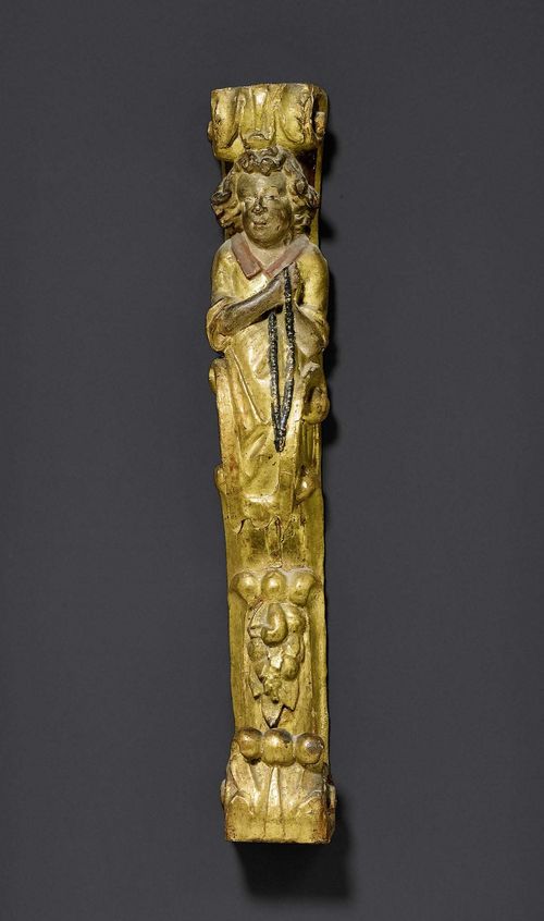 SMALL FRIEZE FRAGMENT,Baroque, German, 18th century. Wood carved with apostle figure, flowers, leaves and decorative frieze, polychrome painted and parcel gilt. H 39 cm.