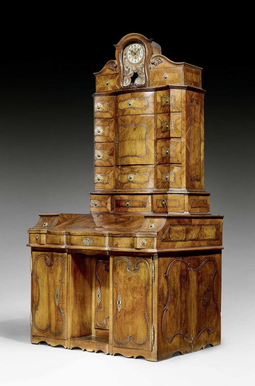 BUREAU CABINET WITH CLOCK,Baroque, German, 18th century. Shaped walnut and burlwood. The front with hinged writing surface flanked by 2 drawers on each side above knee hole in front of compartment with door, between 2 additional doors. The upper section with central door between 2 drawers, flanked on each side by 5 additional drawers. The cornice with later clock with painted front, between 2 drawers. The clock with anchor escapement with striking on bell. Brass mounts and knobs. With old inventory number. Restoration required. 114x83x229 cm.