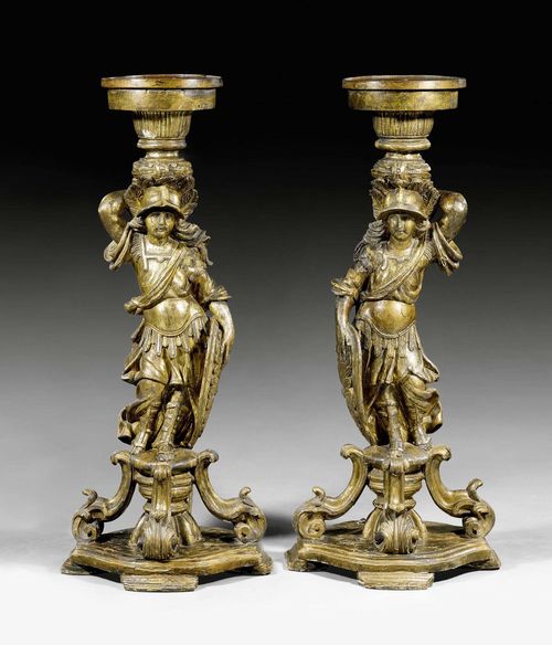 PAIR OF PORTE-TORCHERES, Baroque, South German, 18th century. Wood carved full round and gilt. Some chips. H 103 cm.