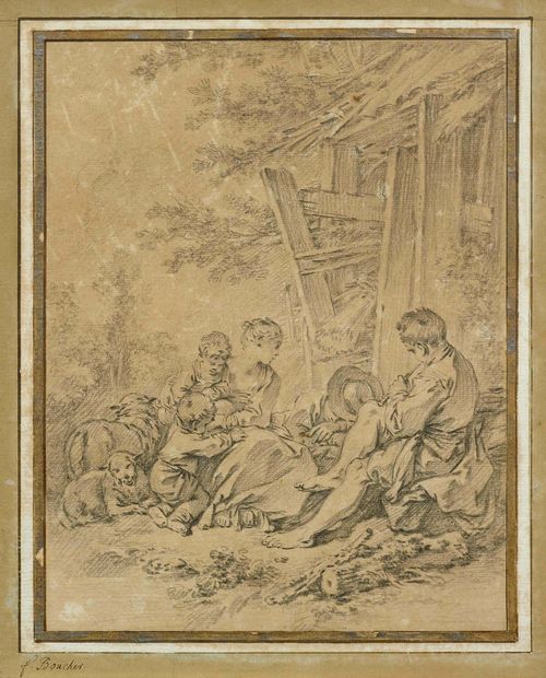 Circle of BOUCHER, FRANCOIS (1703 Paris 1770) Peasant family resting near a barn. Black chalk. Old mount. Inscribed lower left in brown pen on the mount: F. Boucher. 33.1 x 23.4 cm.