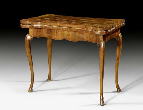 WALNUT GAMES TABLE, Louis XV, Bern circa 1760. The hinged top lined inside with "Petit Point" embroidery. 94x47x(open 94)x73 cm.