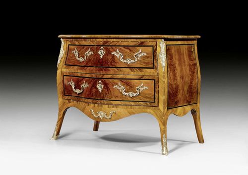 COMMODE, Louis XV, workshop or circle around M. FUNK (Mathaeus Funk, 1697-1783), Bern circa 1770. Walnut, burlwood and rosewood in veneer inlaid with reserves and fillets. The front with 2 drawers sans traverse. Bronze mounts, drop handles and sabots. 95x55x83 cm.