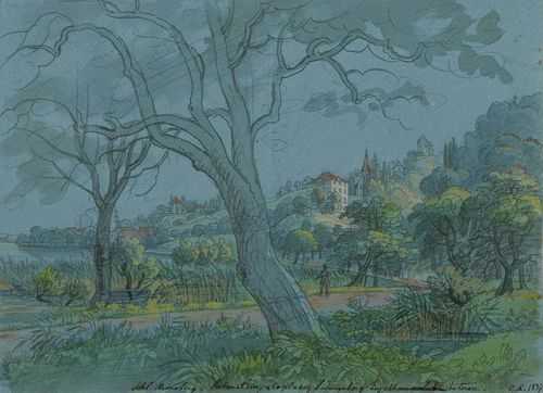 CANTON OF THURGAU.-Emanuel Labhart (1810-1874). Schloss Arenaberg, Salenstein & Caplaney Ludwigsberg bei Mannenbach am Untersee. Pen and brush in grey, pencil, partly coloured. On bound paper with blue ground. 17 x 23.7 cm. Entitled, monogrammed and dated on lower edge of sheet in black pen: E.L. 1837. Mounted on backing sheet, numbered on sheet: 54. - In fresh colours and almost untouched condition.