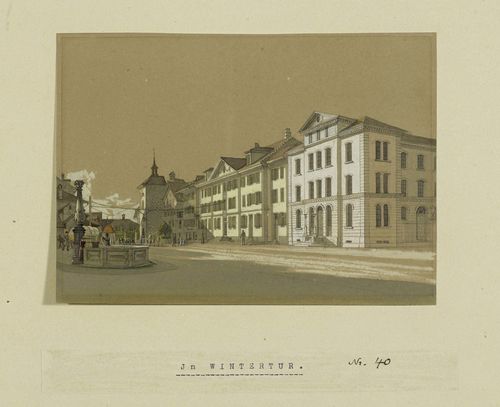 WINTERTHUR.-Emanuel Labhart (1810-1874). Das Pfrundhaus und die Bezirksanwaltschaft in Winterthur. Pen and brush in grey; coloured. On brown art paper. 14.2 x 19.5 cm. On backing sheet; entitled and numbered on the sheet: 40. - In almost untouched condition.