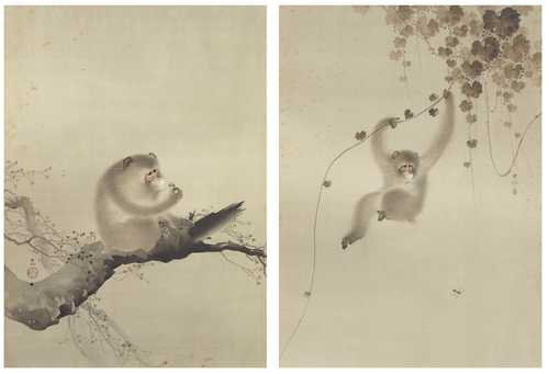 TWO FINE PAINTINGS OF MONKEYS ATTRIBUTED TO OHARA KOSON (1877-1945).