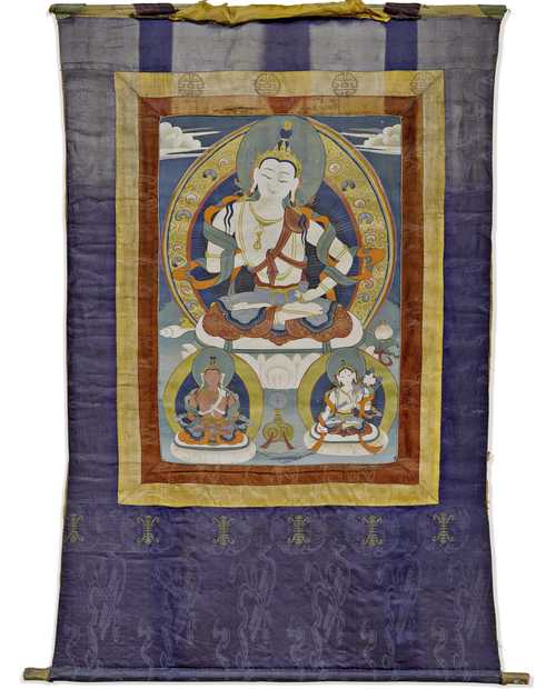 A THANGKA OF VAJRASATTVA AS ADI-BUDDHA WITH AMITAYUS AND THE WHITE TARA ON A BROCADE MOUNT.