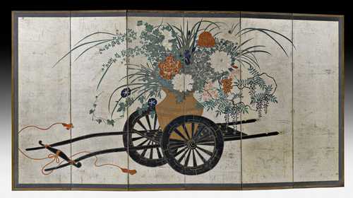 A SIX PANEL SCREEN SHOWING FOUR SEASONS FLOWER CART ON SILVER GROUND.