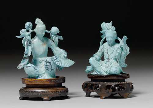 TWO SMALL TURQUOISE FIGURES OF LADIES, ONE WITH A LOTUS, ONE BEARING A PEACH BRANCH.