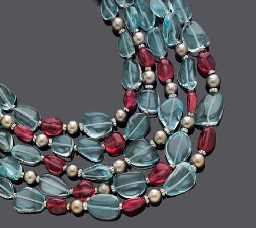 AQUAMARINE, TOURMALINE, PEARL AND DIAMOND NECKLACE, BY BULGARI.