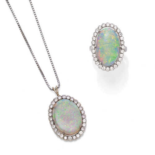OPAL AND DIAMOND RING AND PENDANT WITH NECKLACE, ca. 1980.
