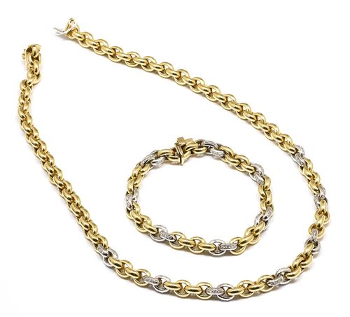A GOLD AND DIAMOND NECKLACE WITH BRACELET, GÜBELIN. Yellow and white gold 750. 120g. Set with diamonds of a total of ca. 1.60 ct. Necklace length ca. 46 cm, bracelet length ca. 20 cm.