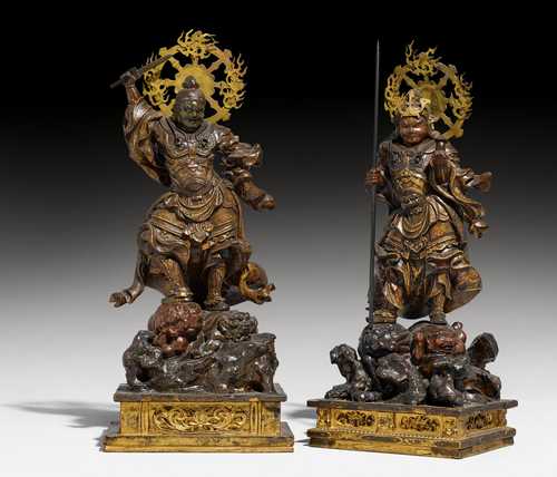 TWO WOODEN FIGURES OF THE SHITENNO (FOUR HEAVENLY KINGS).