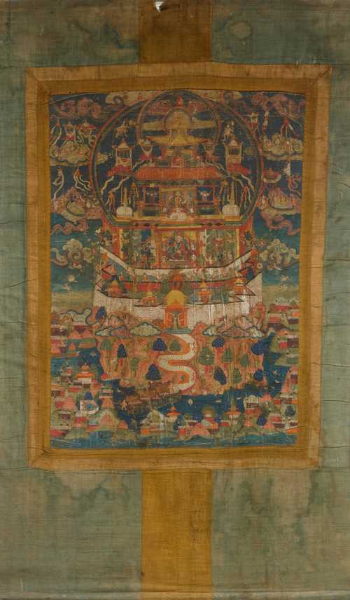 A RICHLY DETAILED THANGKA SHOWING THE PALACE OF PADMASABHAVA.Tibet, 19th c. 71x50 cm. Brocade mounting.