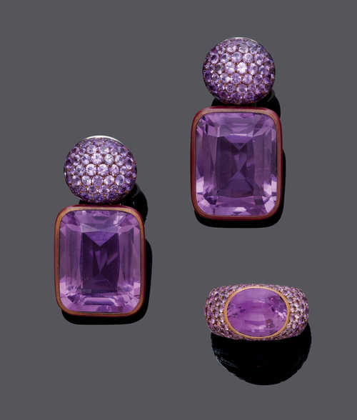 AMETHYST AND SAPPHIRE EAR PENDANTS AND RING, BY HEMMERLE.