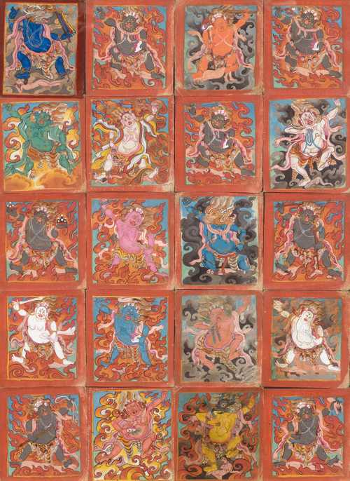 20 DEITIES OF THE BARDO. Tibet, 20th c. Each 9x8 cm. Framed together under glass.