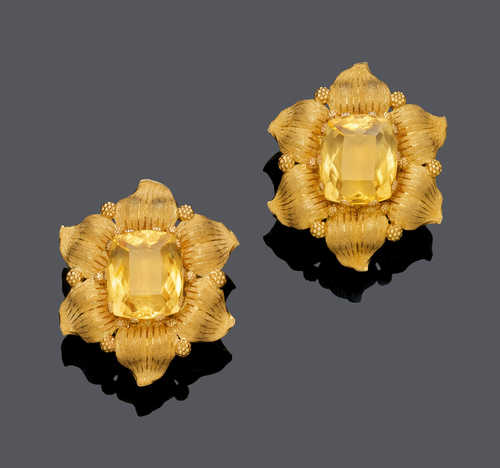 CITRINE AND GOLD FLOWER EARCLIPS, BY BUCCELLATI.