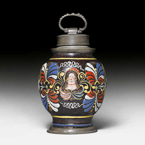 EARTHENWARE BOTTLE ('KRUKE') WITH A SCREW-ON LID AND A TIN MOUNT,