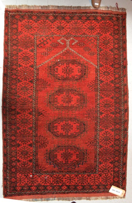 AFGHAN old.Red ground with four medallions, 91x142 cm.