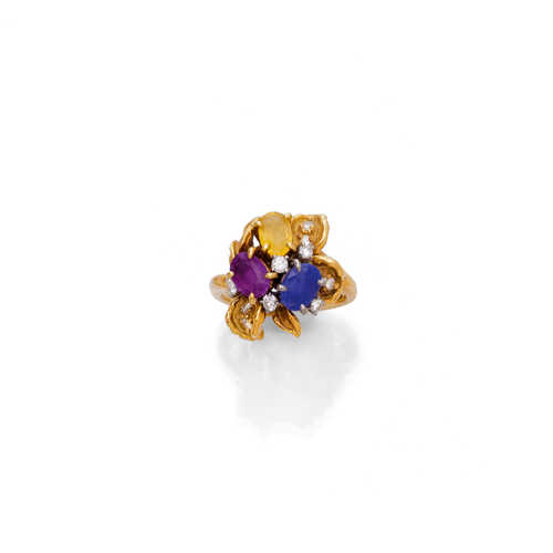 MULTICOLOUR SAPPHIRE AND DIAMOND RING, by E. MEISTER.