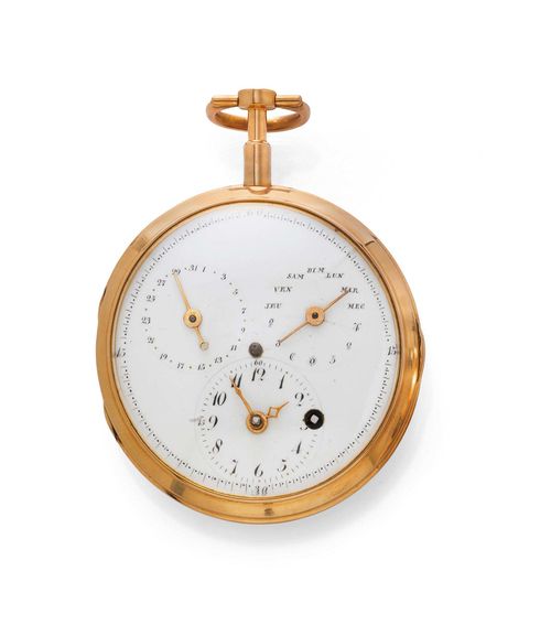VERGE WATCH WITH CALENDAR AND HACK MECHANISM, ca. 1850. Pink gold 585. Polished case No. 1783, engraved "warranted US Assay". Enamelled dial with day-of-the-week at 2h, hour at 6h, date at 10h. Central second with simple hack mechanism, operated via a lever on the side at 3h. Key winding hole at 4-5h, minor hairline crack at 2h. Verge escapement with fusee and chain, unsigned. D 56 mm.