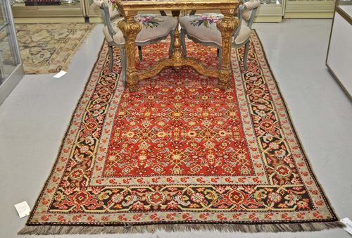 KARABACH old. Red ground with a herati pattern, black edging with trailing flowers, good condition, 145x290 cm.