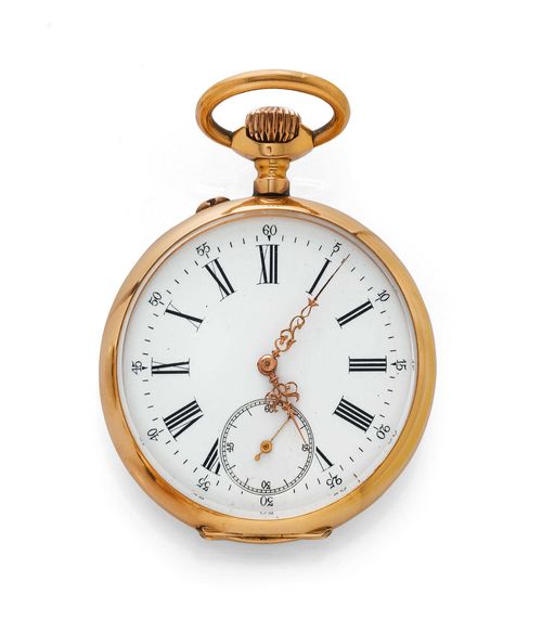 POCKET WATCH, Switzerland, ca. 1892. Pink gold 750. Polished case No. 8922 with fine monogram engraving on the back. Enamelled dial with Roman numerals and Louis XV hands, small second at 6h, outer minute division. Dust cover No. 8922 with engraved date: 1867-1892. Lever escapement with Breguet spring and bimetallic balance, pallet with counterpoise. D 48 mm.