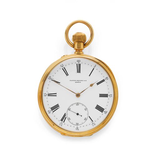 POCKET WATCH, PATEK PHILIPPE, ca. 1890. Yellow gold 750, 124g. Polished case No. 215079 with black enamelled monogram on the back. Enamelled dial with black Roman numerals and gold-coloured hands, small second at 6h, outer minute division. Dust cover signed No. 102411. Lever escapement with flat spring, bimetallic balance, pallet with counter poise, wolf's tooth winding. D 54 mm. With presentation stand.