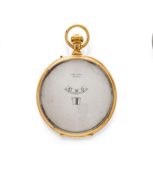 GOLD POCKET WATCH, P. ORR & SONS, ca. 1890. Yellow gold. Flat case No. 4291, with engine-turned back. Engine-turned dial, 2 windows with jumping hours and minutes, signed P. Orr & Sons, Madras. Setting button at 11h. Extra-flat cylinder movement with flat spring and crown winder, signed, No. 4291. D 50 mm.