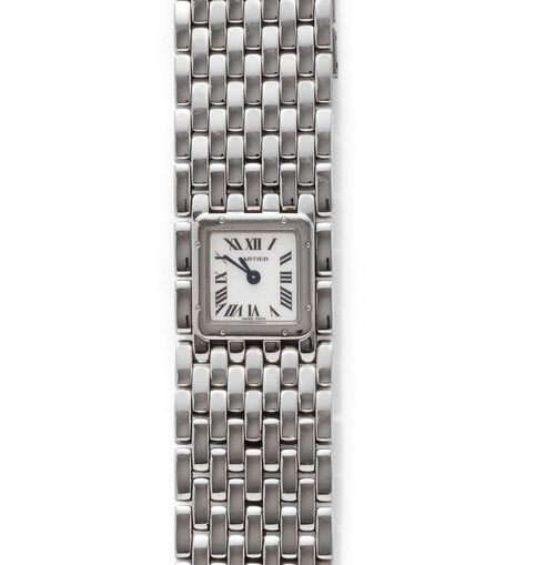 LADY'S WRISTWATCH, CARTIER RUBAN, 2003. Steel. Ref. W61001T9. Square case No. 242088429PB integrated in the band. Mother-of-pearl dial with Roman numerals and blued hands. Quartz movement. Broad steel band with fold-over clasp. With case and warranty.