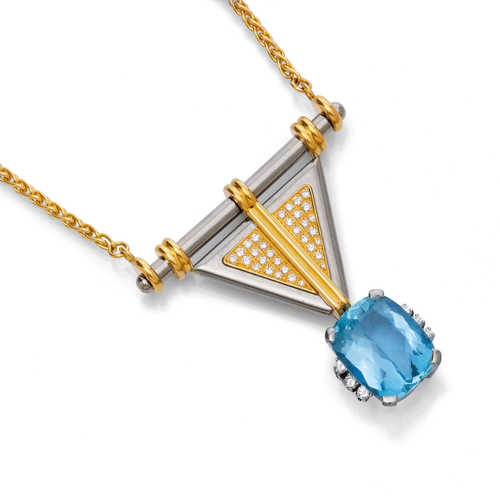 AQUAMARINE, DIAMOND AND GOLD NECKLACE, by GILBERT DUBOIS, ca. 1990.