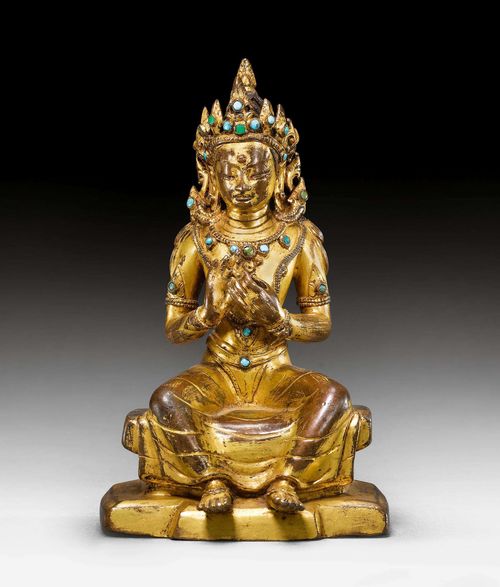 A GILT COPPER FIGURE OF MAITREYA WITH TURQUOISE INLAYS. Tibet, 14th/15th c. Height 14.5 cm. Two stones replaced by glass.