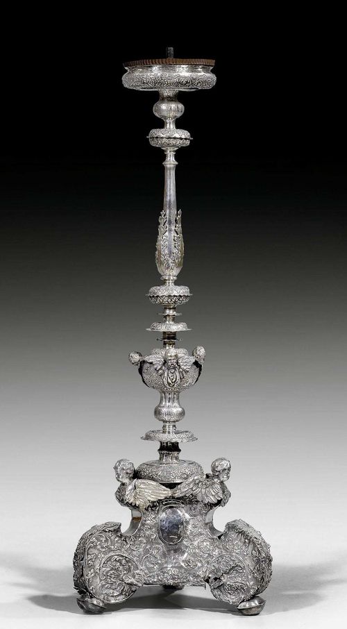 ALTAR CANDLESTICK, Baroque. Probably Germany, 17th century. Silver plated.H 118 cm.