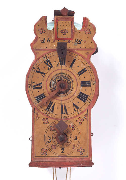 CLOCK WITH WOODEN GEARS AND FRONT PENDULUM,
