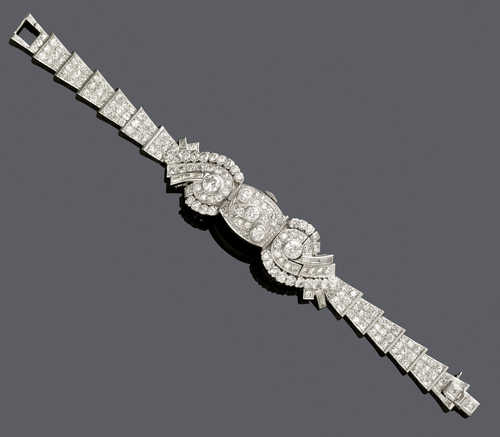 DIAMANT-BRACELET MIT UHR BLANCPAIN, um 1950.