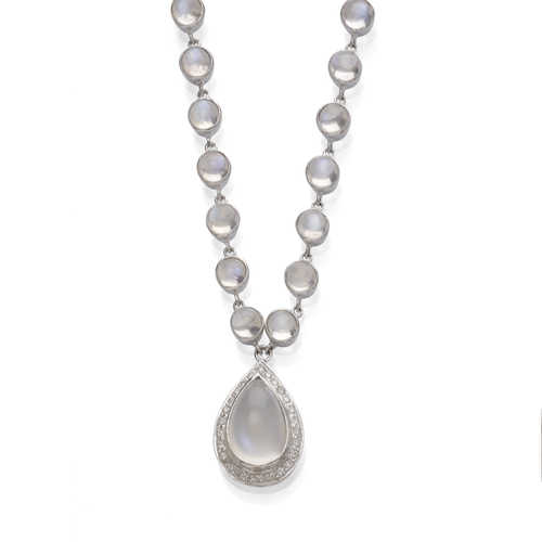 MOONSTONE AND DIAMOND NECKLACE.