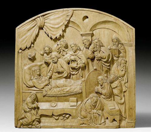 DEATH OF THE VIRGIN,Central German, circa 1580/1600. Carved limewood, verso flattened. Peter next to Mary, handing her a candle. John beside him. 91x91 cm. The candle supplemented, small restorations. Probably part of an altarpiece. Provenance: - Figdor collection, Vienna - Leopold Blumka, Vienna/New York - Swiss collection.