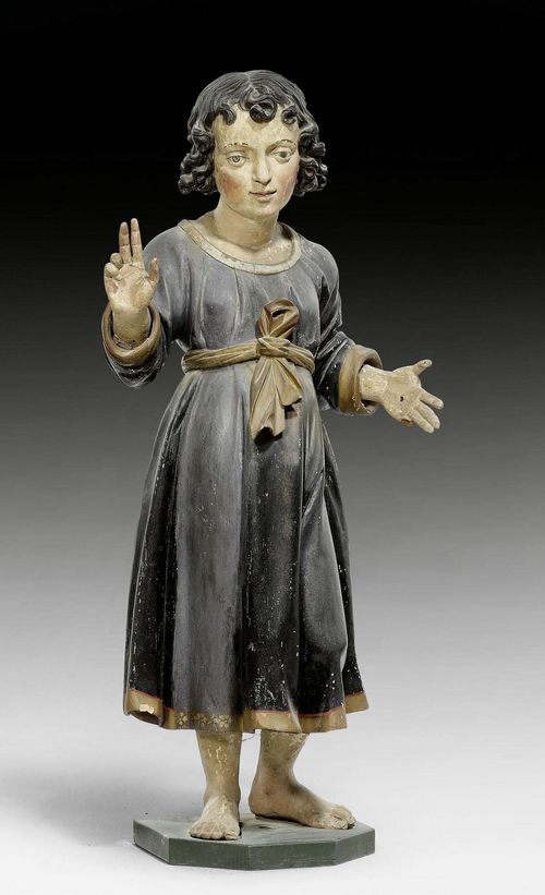 CHRIST BOY,Spain, late 16th century. Wood carved full round and later painted. H 90 cm. Hand incomplete.