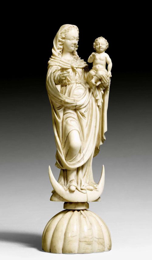 VIRGIN AND CHILD ON CRESCENT,northern France, probably Dieppe, late 16th century. Ivory carved full round. On a later plinth. H 15 cm.
