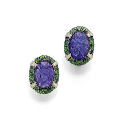TANZANITE, TSAVORITE, SAPPHIRE AND DIAMOND EARRINGS.