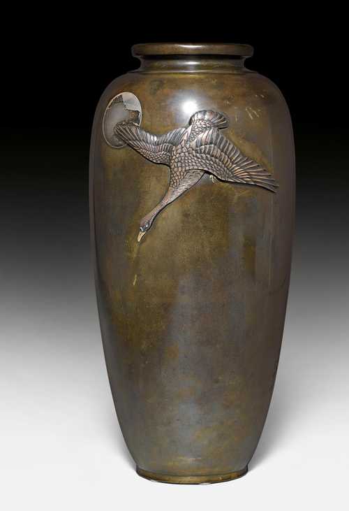 A BRONZE VASE DECORATED WITH A GOOSE IN THE MOONLIGHT.