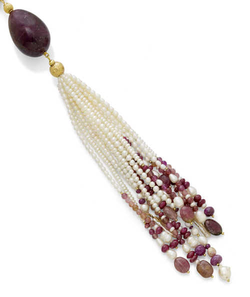 RUBY, TOURMALINE AND PEARL NECKLACE.