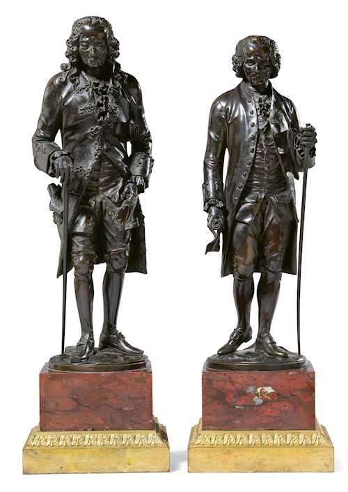 A PAIR OF BRONZE FIGURES OF VOLTAIRE AND ROUSSEAU