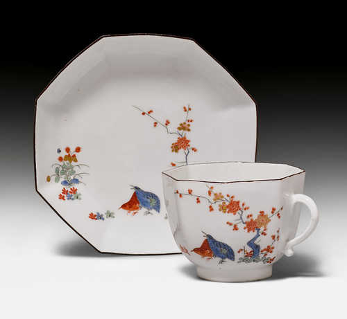 CUP AND SAUCER WITH "WACHTELDEKOR",